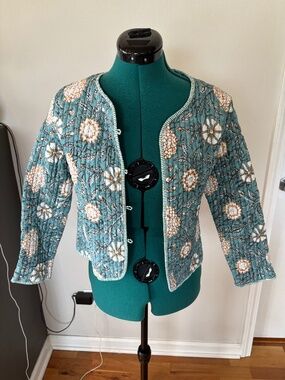 Handmade quilted reversible green, orange, brown floral jacket, SP